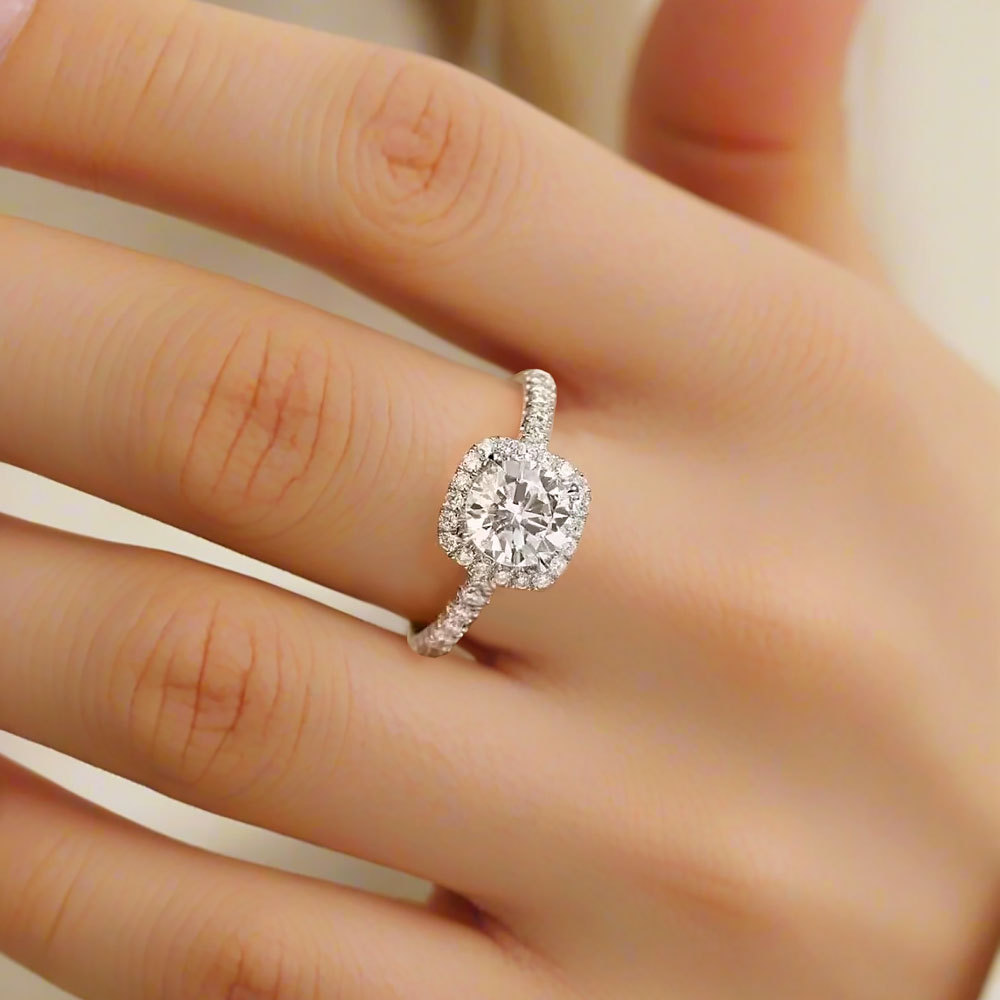 1Ct/2Ct Moissanite White Round Cut Halo Pave Setting Ring-Sterling Silver-lornajewelry