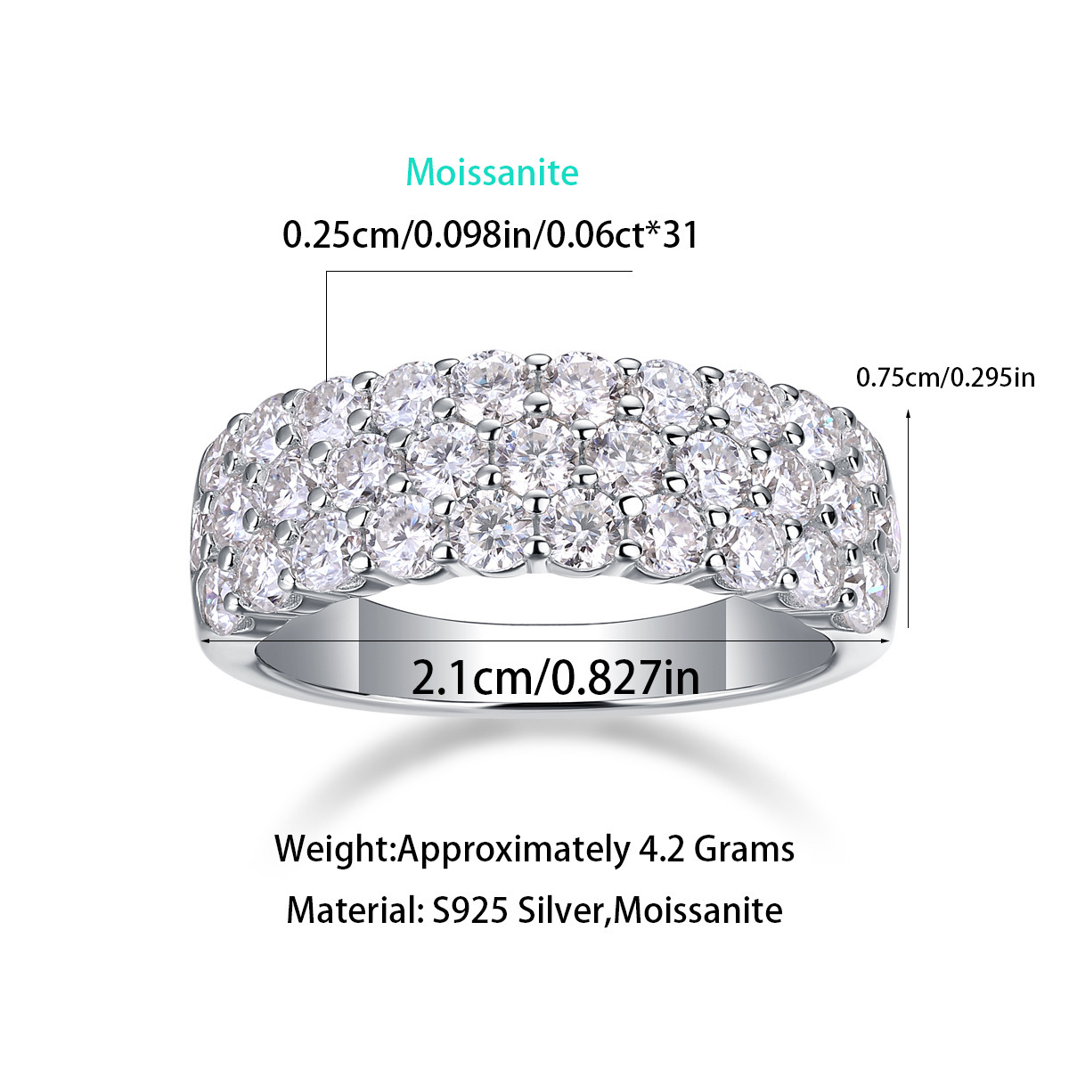 Moissanite Triple Row Pave Half Eternity Wedding Band-Sterling Silver-lornajewelry