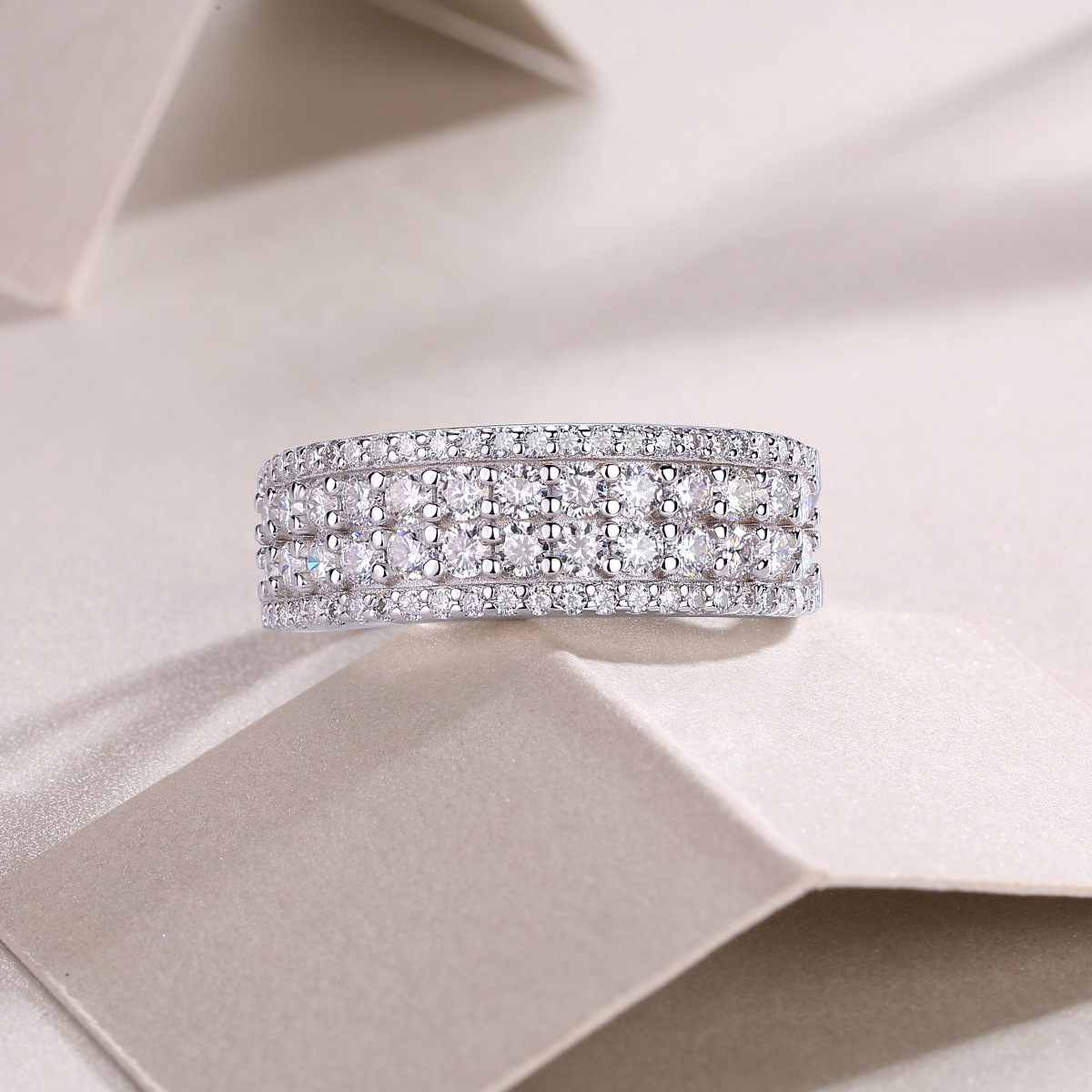 Moissanite Quadruple Row Pave Half Eternity Wedding Band Ring-Sterling Silver-lornajewelry