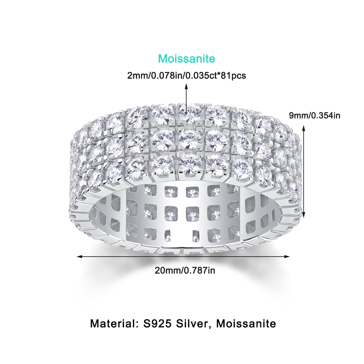 Moissanite Triple Row Pave Full Eternity Wedding Band Stackable Ring-Sterling Silver-lornajewelry