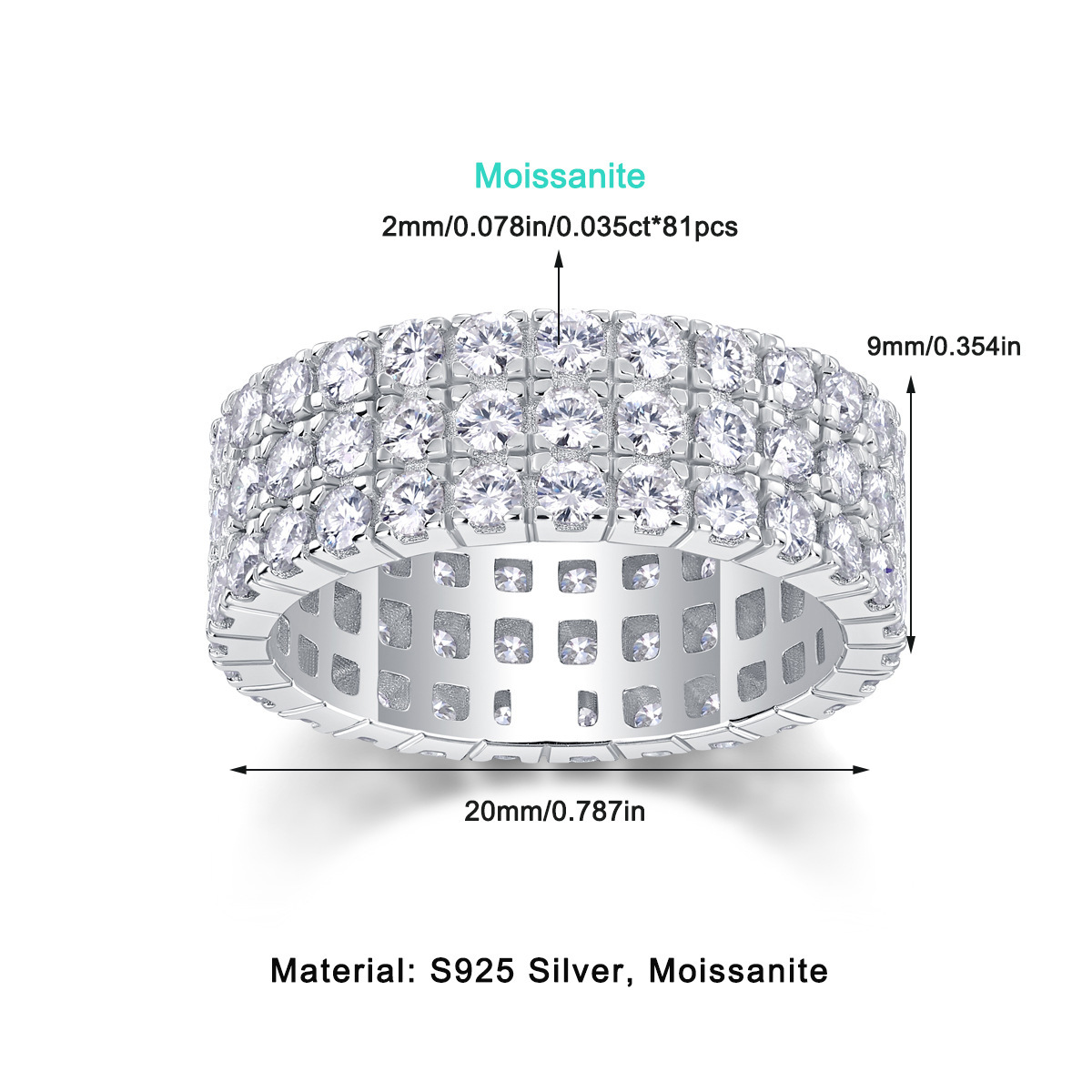 Moissanite Triple Row Pave Full Eternity Wedding Band Stackable Ring-Sterling Silver-lornajewelry