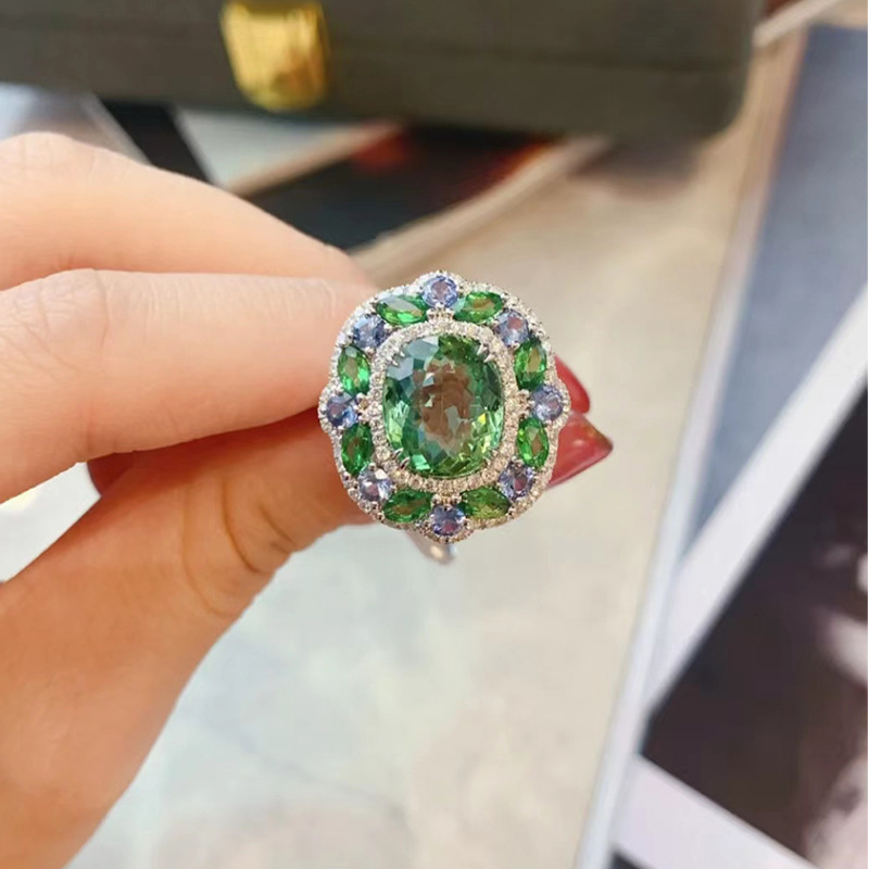 4Ct Luxury Cushion Green Tourmaline Gemstone Ring Secret Garden Vibrant Blue Green Halo-Sterling Silver-lornajewelry