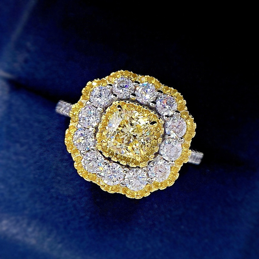 2Ct Cushion Cut Double Halo Yellow Gemstone Ring-Sterling Silver-lornajewelry