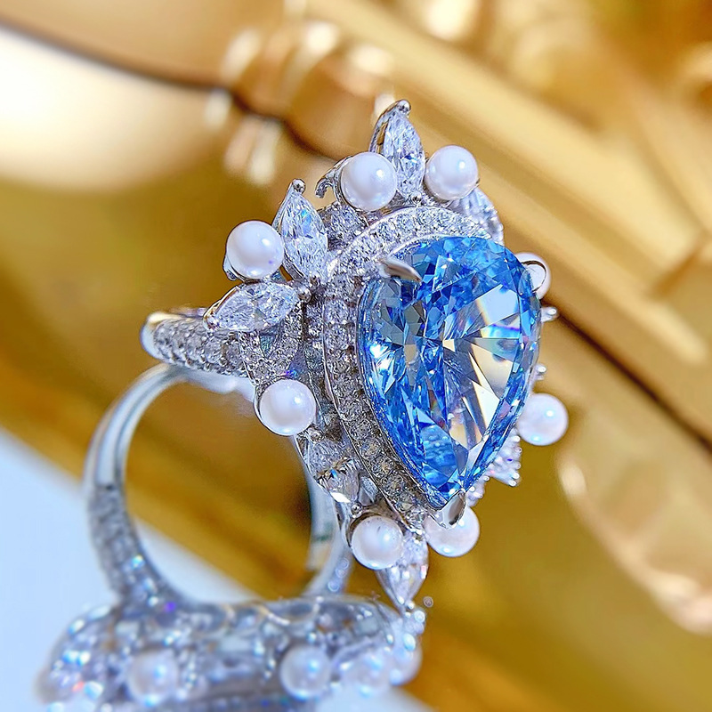 8Ct Luxury Pear Cut Aquamarine Pearl Accents Ring-Sterling Silver-lornajewelry