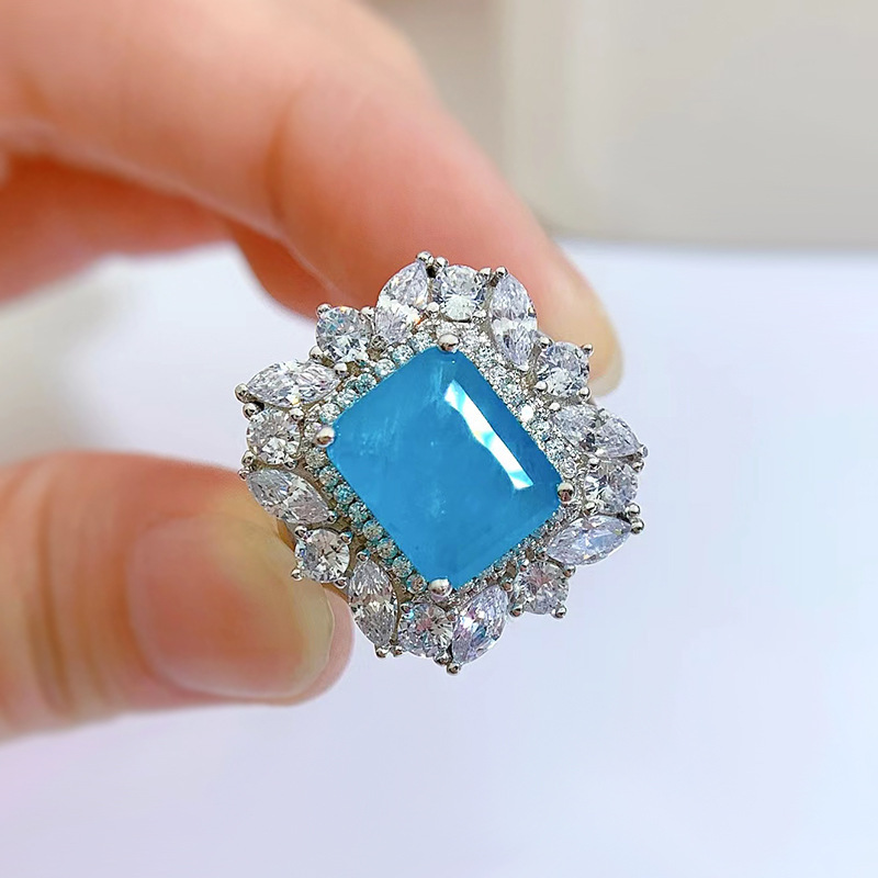 5Ct Emerald Cut Paraiba Gemstone Vintage Style Halo Ring-Sterling Silver-lornajewelry