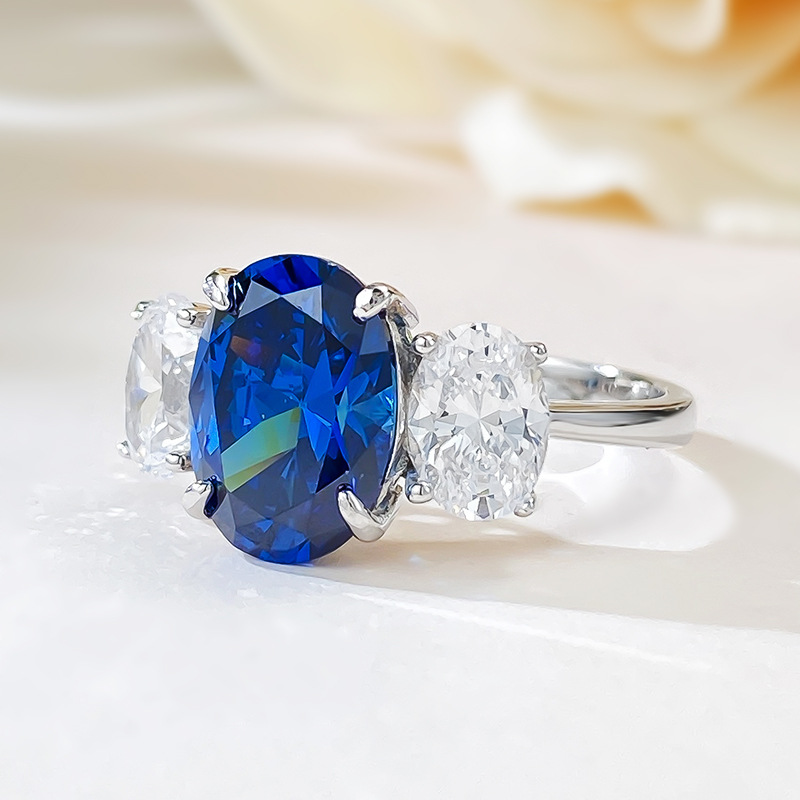 4Ct Elegant Blue Oval Gemstone Three-Stone Ring-Sterling Silver-lornajewelry