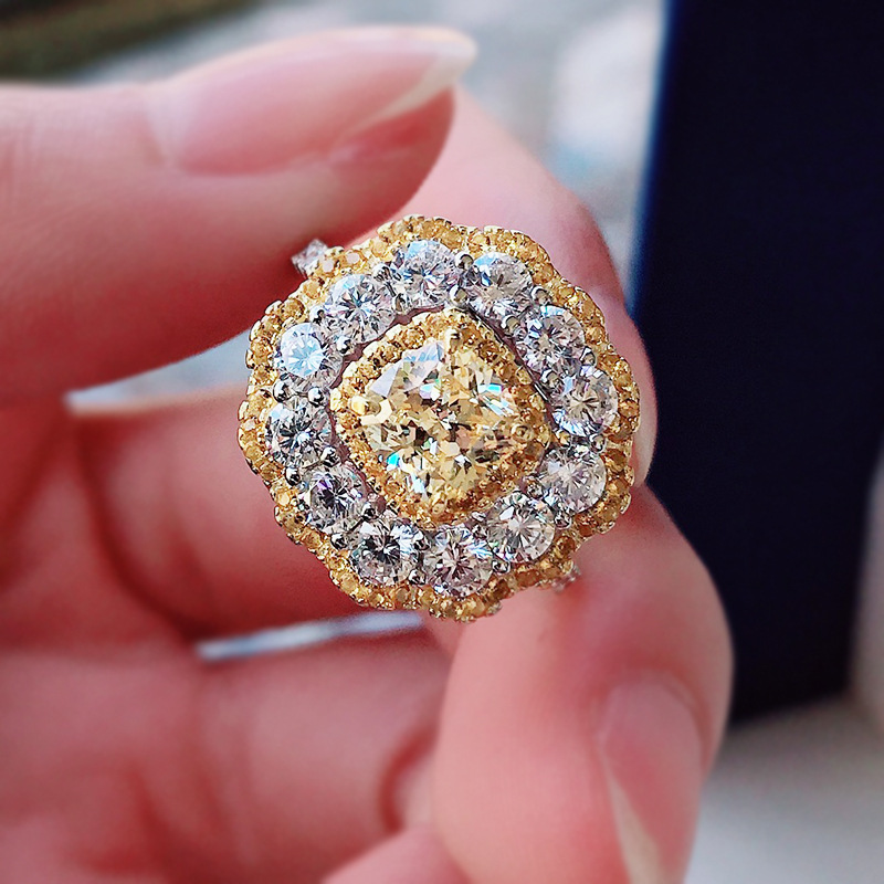 2Ct Cushion Cut Double Halo Yellow Gemstone Ring-Sterling Silver-lornajewelry