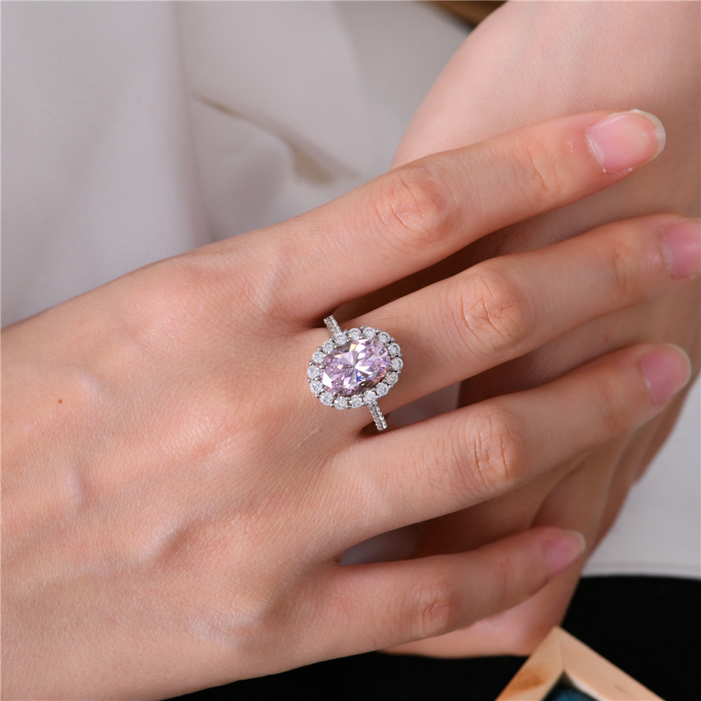 3Ct Oval Cut Pink Halo Pave Setting Gemstone Ring-Sterling Silver-lornajewelry