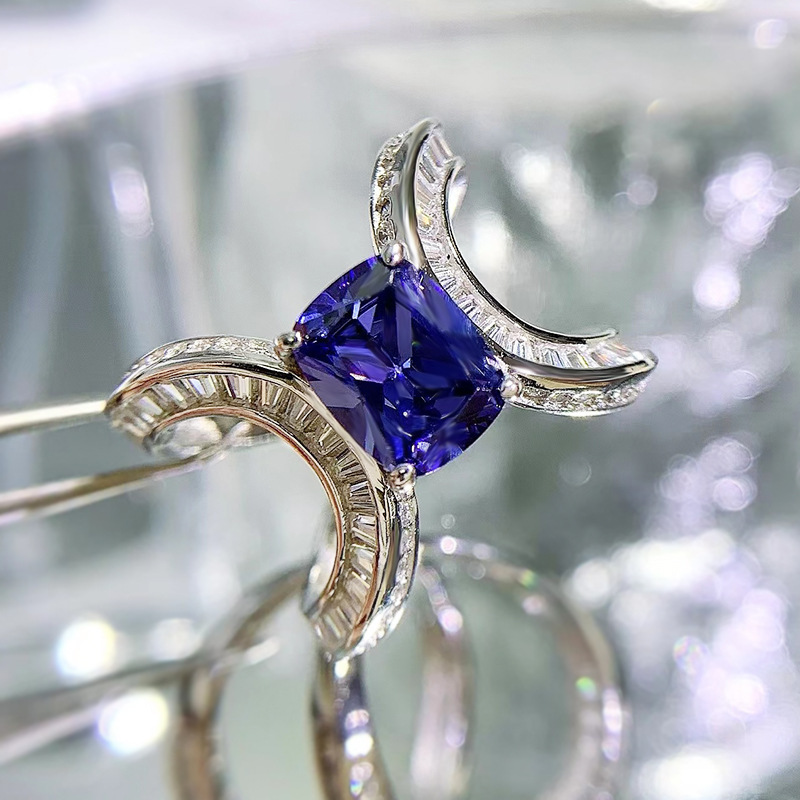 2Ct Blue Sapphire Cushion Cut Diamond Accent Unique Design Ring-Sterling Silver-lornajewelry