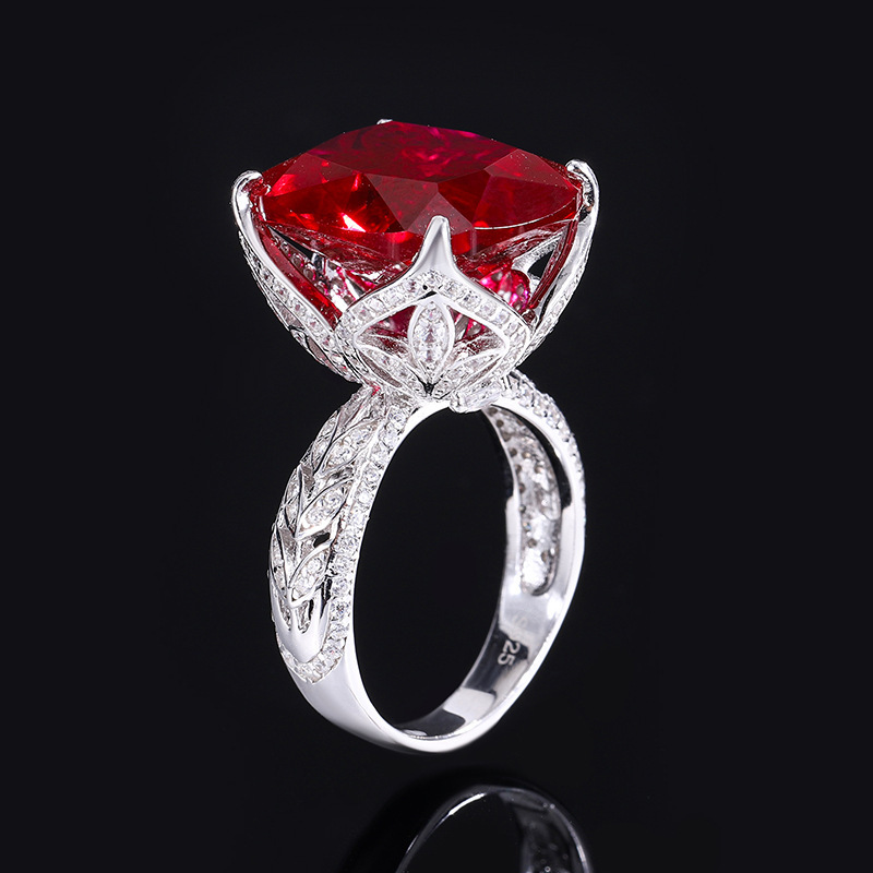 16Ct Ruby Cushion Cut Leaf Motif Vintage Style Ring-Sterling Silver-lornajewelry