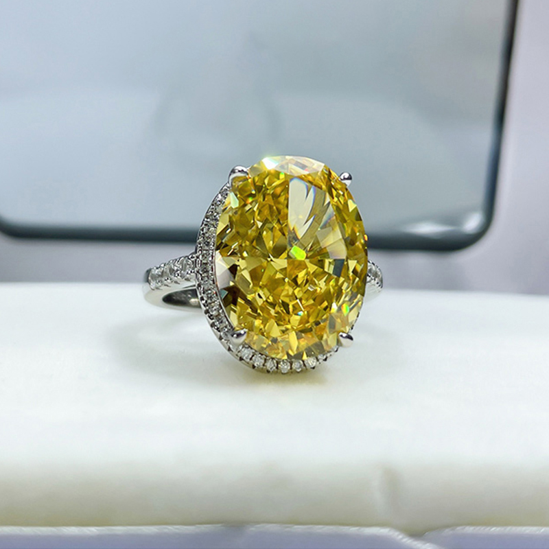 14Ct Yellow Oval Cut Pave Halo Setting Ring-Sterling Silver-lornajewelry