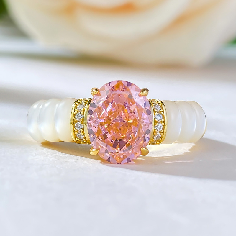 1.5Ct Pink Oval Cut Pave Setting with Mother of Pearl Ring-Sterling Silver-lornajewelry