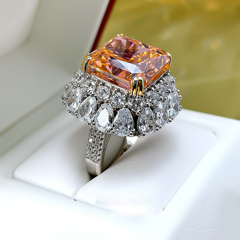 14Ct Luxury Orange Radiant Cut Halo Setting Ring-Sterling Silver-lornajewelry