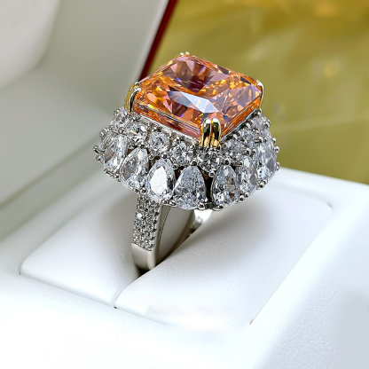 14Ct Luxury Orange Radiant Cut Halo Setting Ring-Sterling Silver-lornajewelry