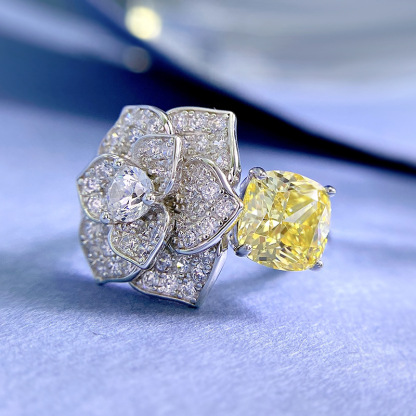 3Ct Yellow Cushion Cut Floral Pave Ring-Sterling Silver-lornajewelry