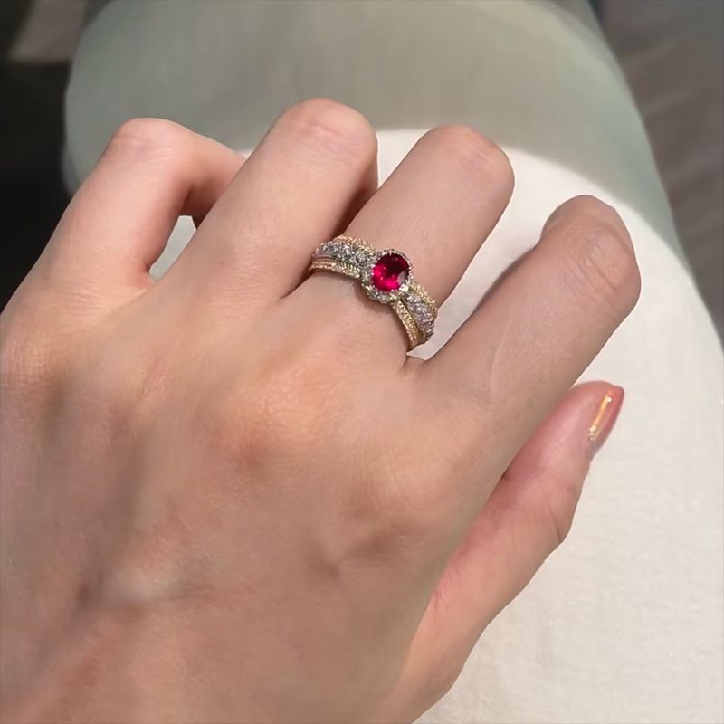 2Ct Luxury Oval Red Stone Halo Accent Ring in Gold-Sterling Silver-lornajewelry