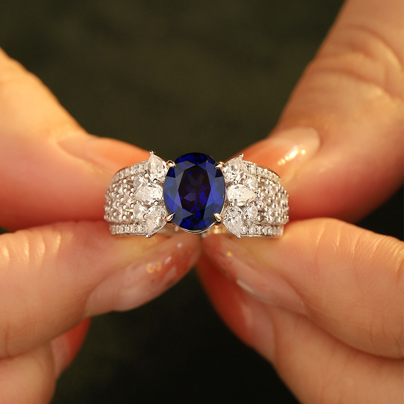 1Ct Blue Oval Cut Marquise Pave Ring-Sterling Silver-lornajewelry