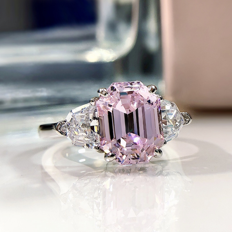 4Ct Pink Emerald Cut Three-Stone Ring-Sterling Silver-lornajewelry