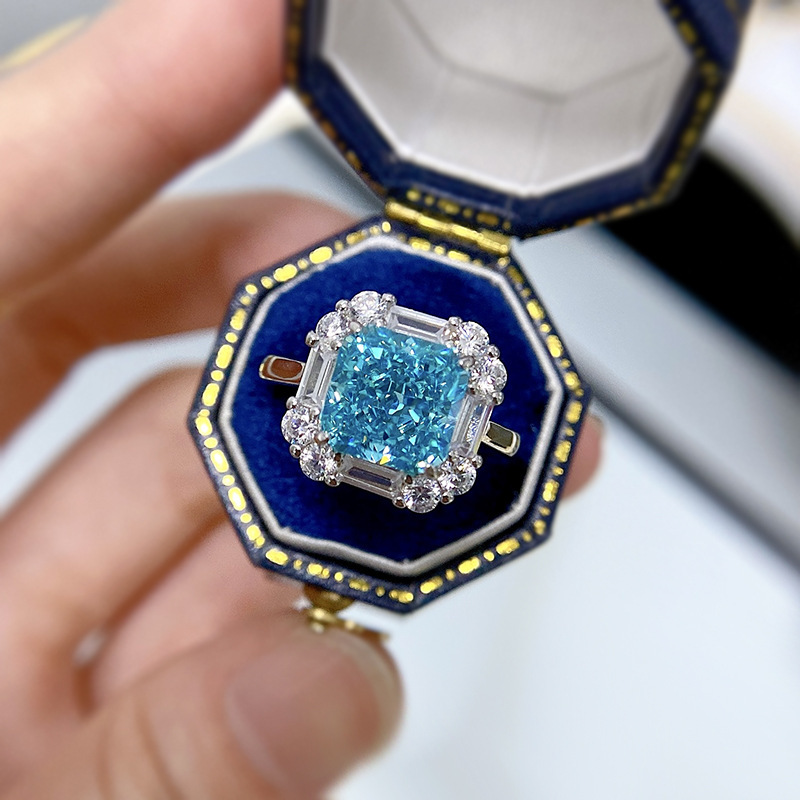 3Ct Aquamarine Blue Radiant Cut Cluster Halo Ring-Sterling Silver-lornajewelry