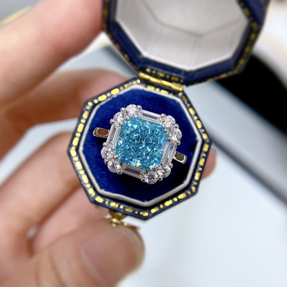 3Ct Aquamarine Blue Radiant Cut Cluster Halo Ring-Sterling Silver-lornajewelry