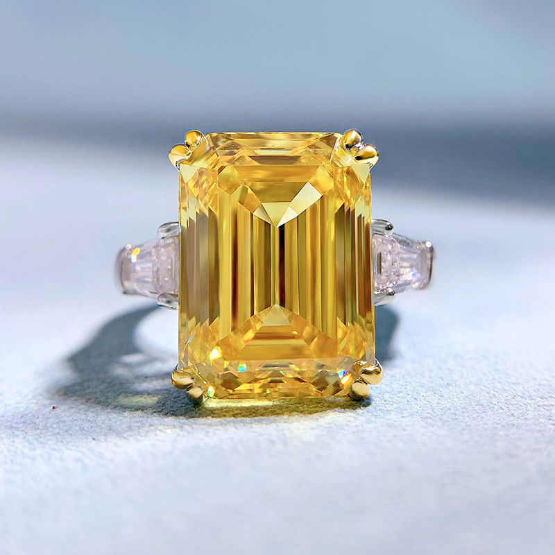 9Ct Yellow Emerald Cut Three-Stone Ring-Sterling Silver-lornajewelry