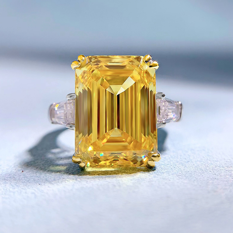 9Ct Yellow Emerald Cut Three-Stone Ring-Sterling Silver-lornajewelry