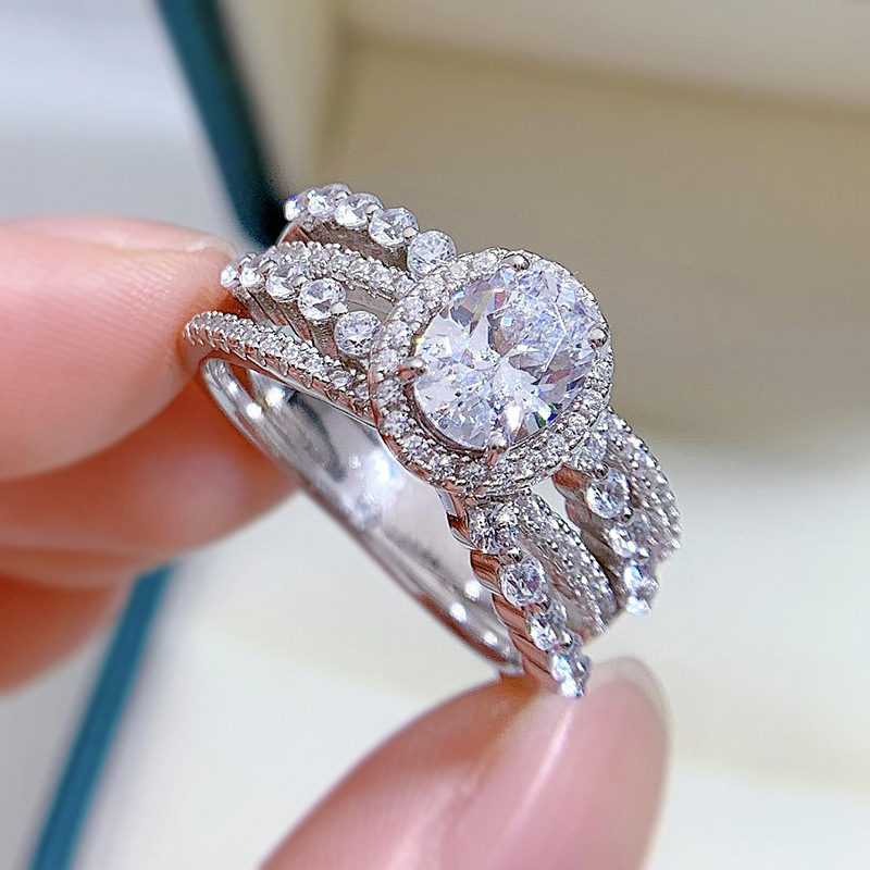 1Ct White Oval Cut Triple Band Halo Ring-Sterling Silver-lornajewelry