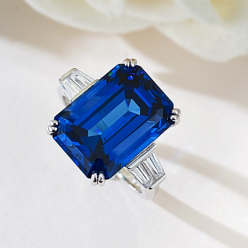 7Ct Blue Emerald Cut Three-Stone Ring-Sterling Silver-lornajewelry