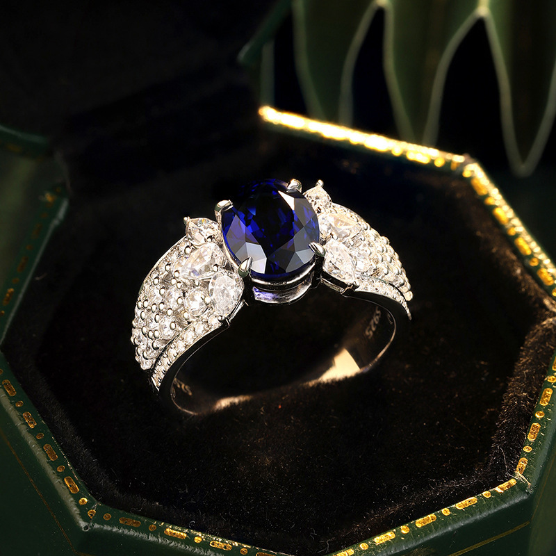 1Ct Blue Oval Cut Marquise Pave Ring-Sterling Silver-lornajewelry