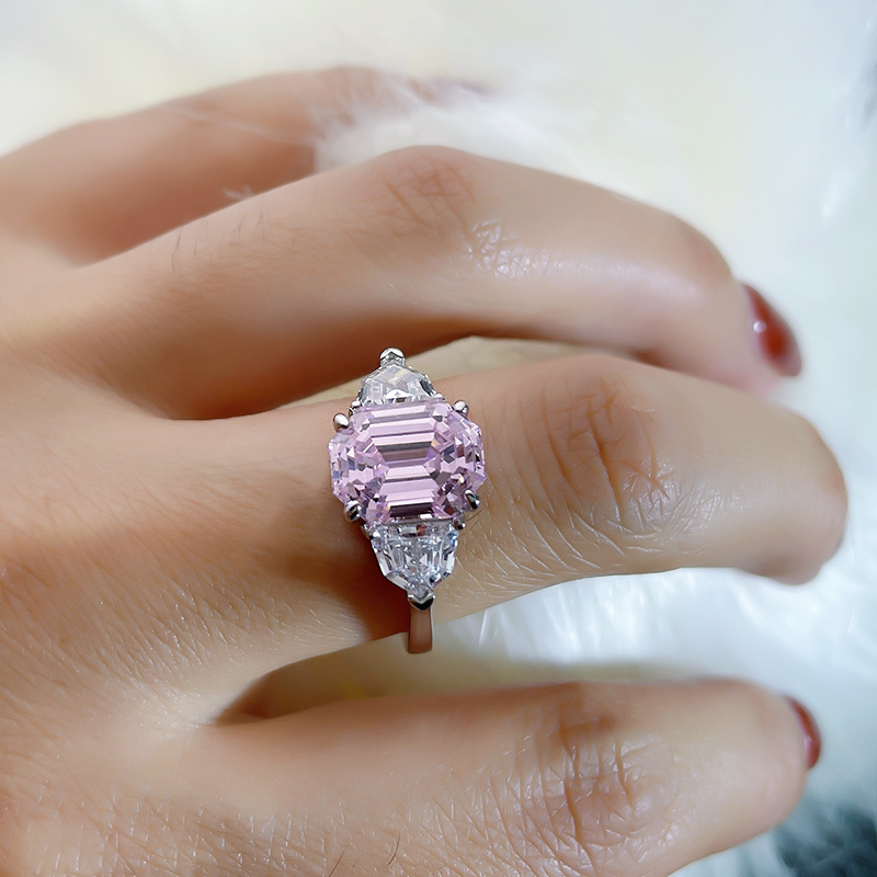 4Ct Pink Emerald Cut Three-Stone Ring-Sterling Silver-lornajewelry