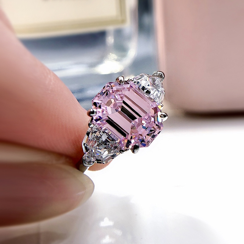 4Ct Pink Emerald Cut Three-Stone Ring-Sterling Silver-lornajewelry