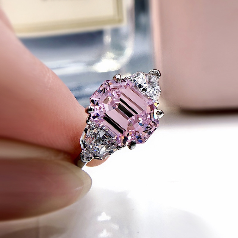 4Ct Pink Emerald Cut Three-Stone Ring-Sterling Silver-lornajewelry