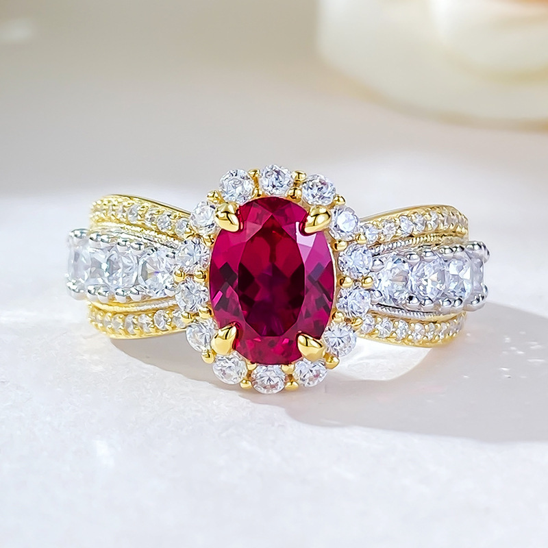 2Ct Luxury Oval Red Stone Halo Accent Ring in Gold-Sterling Silver-lornajewelry