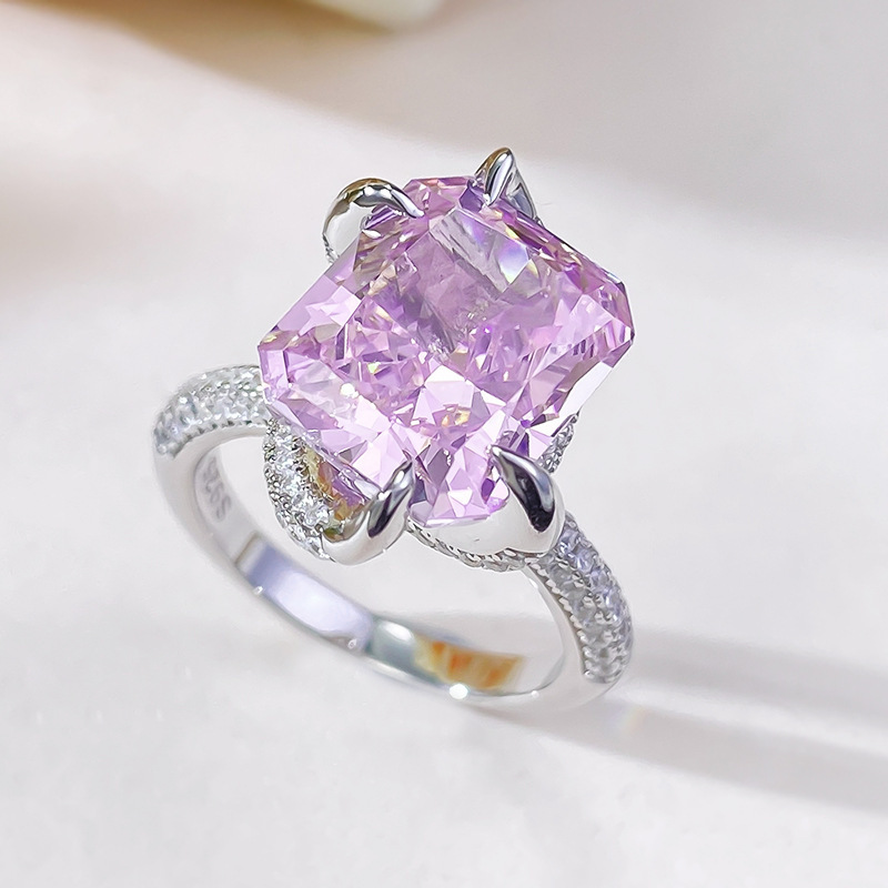 6Ct Pink Radiant Cut Pave Ring-Sterling Silver-lornajewelry