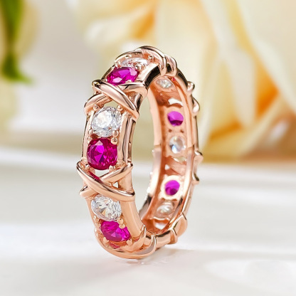 Rose Ruby and White Round Cut X-Prong Setting Rose Gold Band-Sterling Silver-lornajewelry