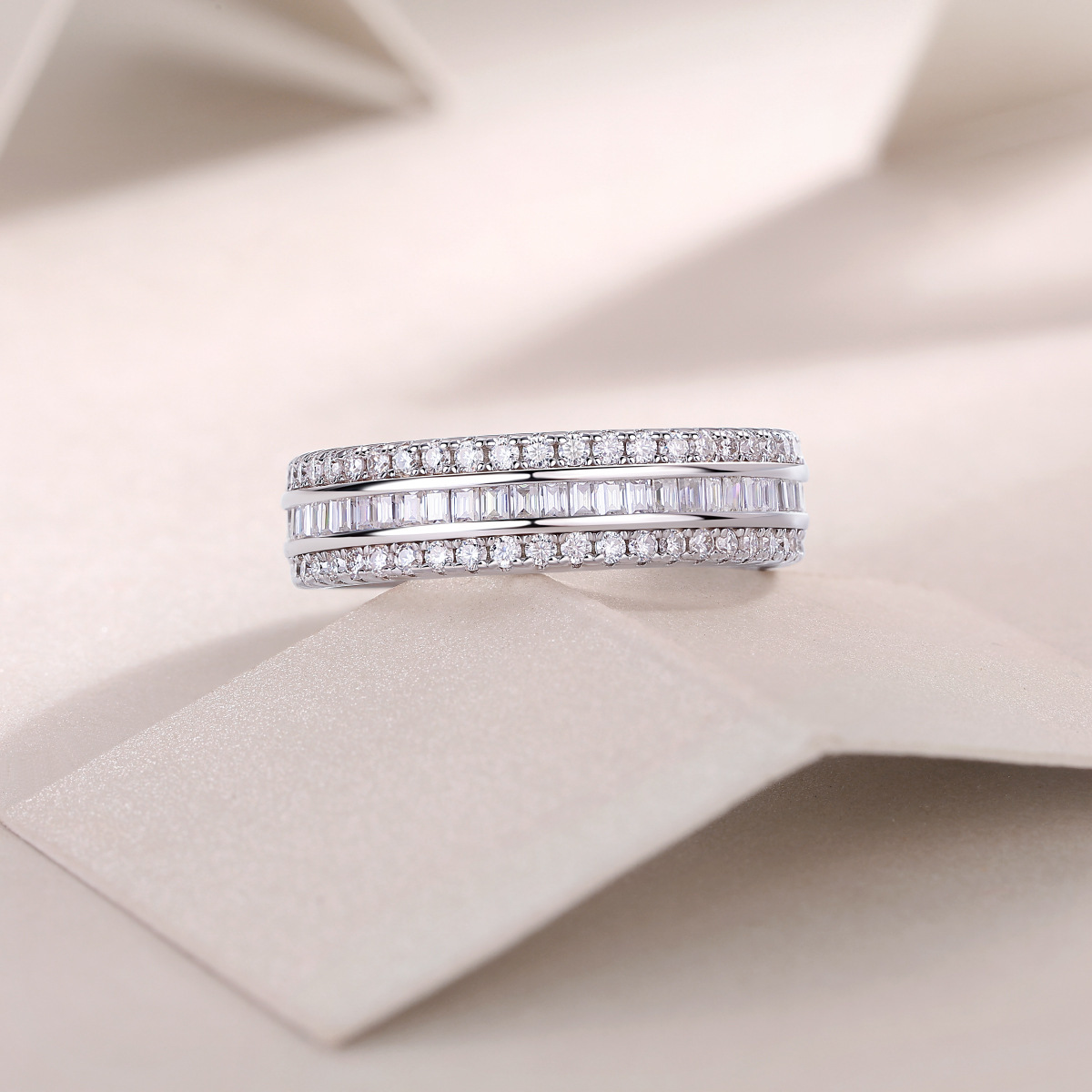 Moissanite Emerald Cut and Round Cut Triple Row Channel Setting Band Stackable Ring-Sterling Silver-lornajewelry