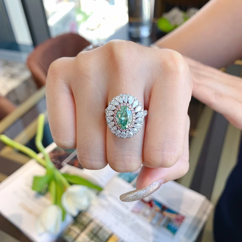 2.5Ct Luxury Oval Paraiba Color Gemstone Ring with Double Halo Design-Sterling Silver-lornajewelry