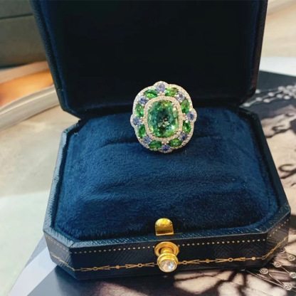 4Ct Luxury Cushion Green Tourmaline Gemstone Ring Secret Garden Vibrant Blue Green Halo-Sterling Silver-lornajewelry
