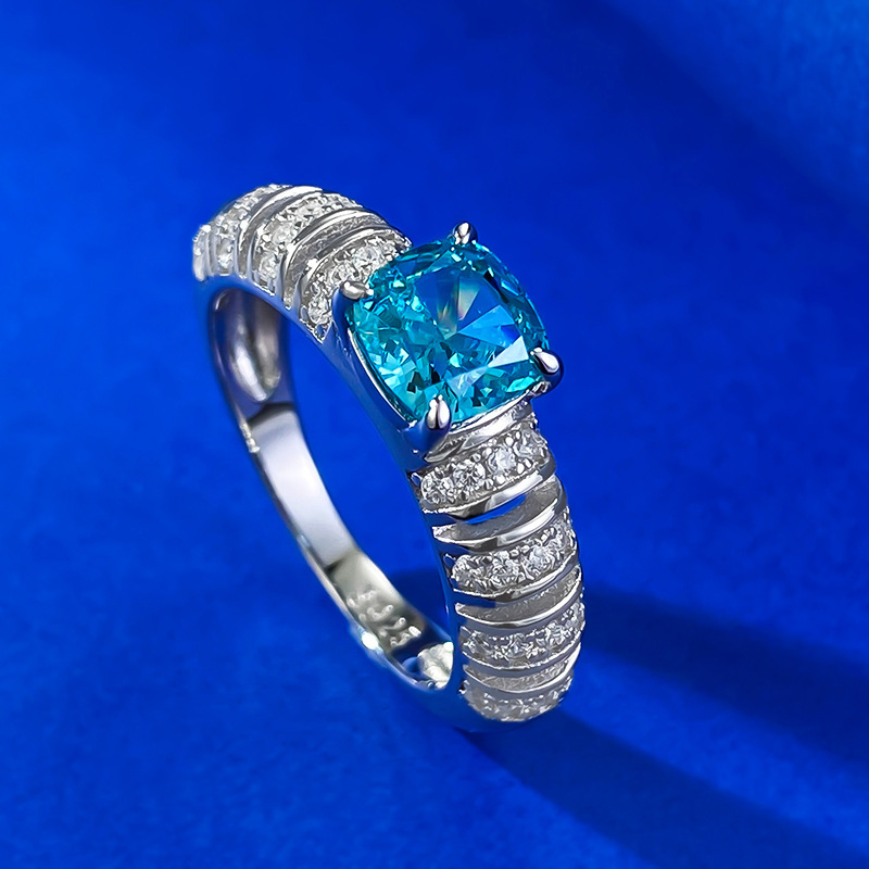 1Ct Luxury Aquamarine Blue Cushion Gemstone Ring White Accent Band-Sterling Silver-lornajewelry