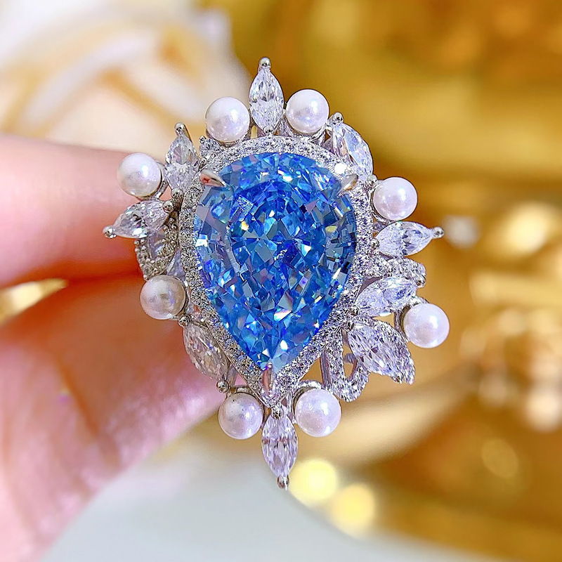 8Ct Luxury Pear Cut Aquamarine Pearl Accents Ring-Sterling Silver-lornajewelry