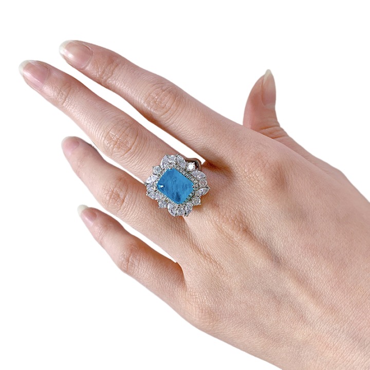 5Ct Emerald Cut Paraiba Gemstone Vintage Style Halo Ring-Sterling Silver-lornajewelry
