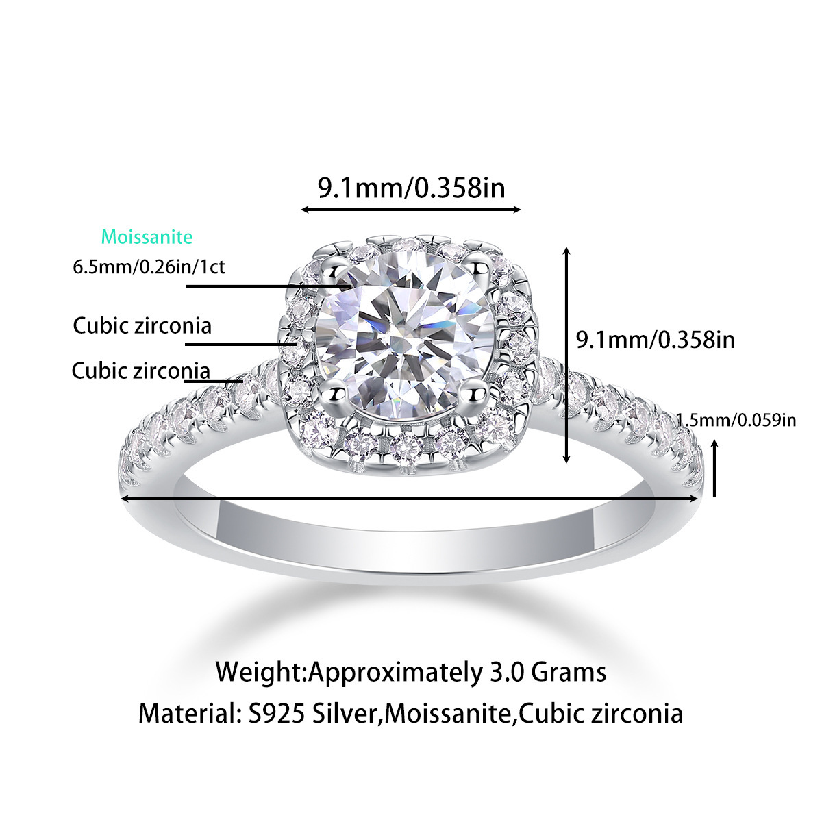 1Ct Moissanite Halo Round Cut Four Prong Engagement Ring-Sterling Silver-lornajewelry