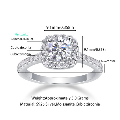 1Ct Moissanite Halo Round Cut Four Prong Engagement Ring-Sterling Silver-lornajewelry