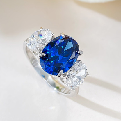 4Ct Elegant Blue Oval Gemstone Three-Stone Ring-Sterling Silver-lornajewelry