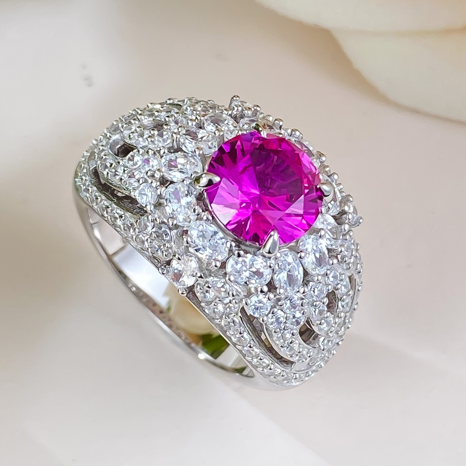2.0Ct Luxury Pink Round Gemstone Ornate Halo Ring-Sterling Silver-lornajewelry