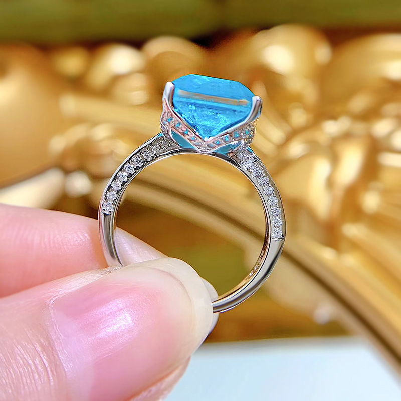 7Ct Paraiba Blue Emerald Cut Gemstone Split Shank Ring-Sterling Silver-lornajewelry