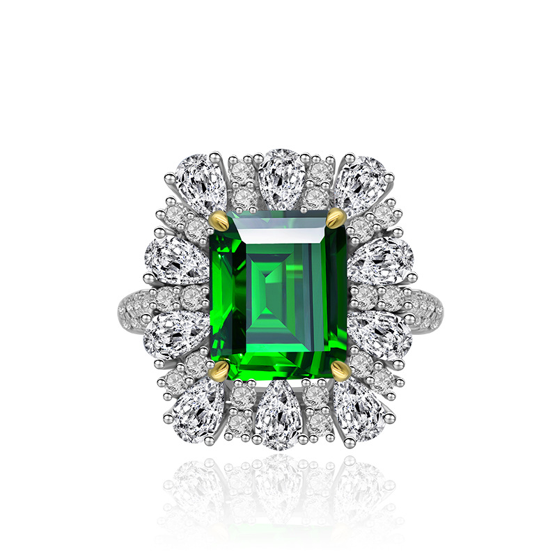 6Ct Emerald Cut Green Vintage Halo Design Ring-Sterling Silver-lornajewelry