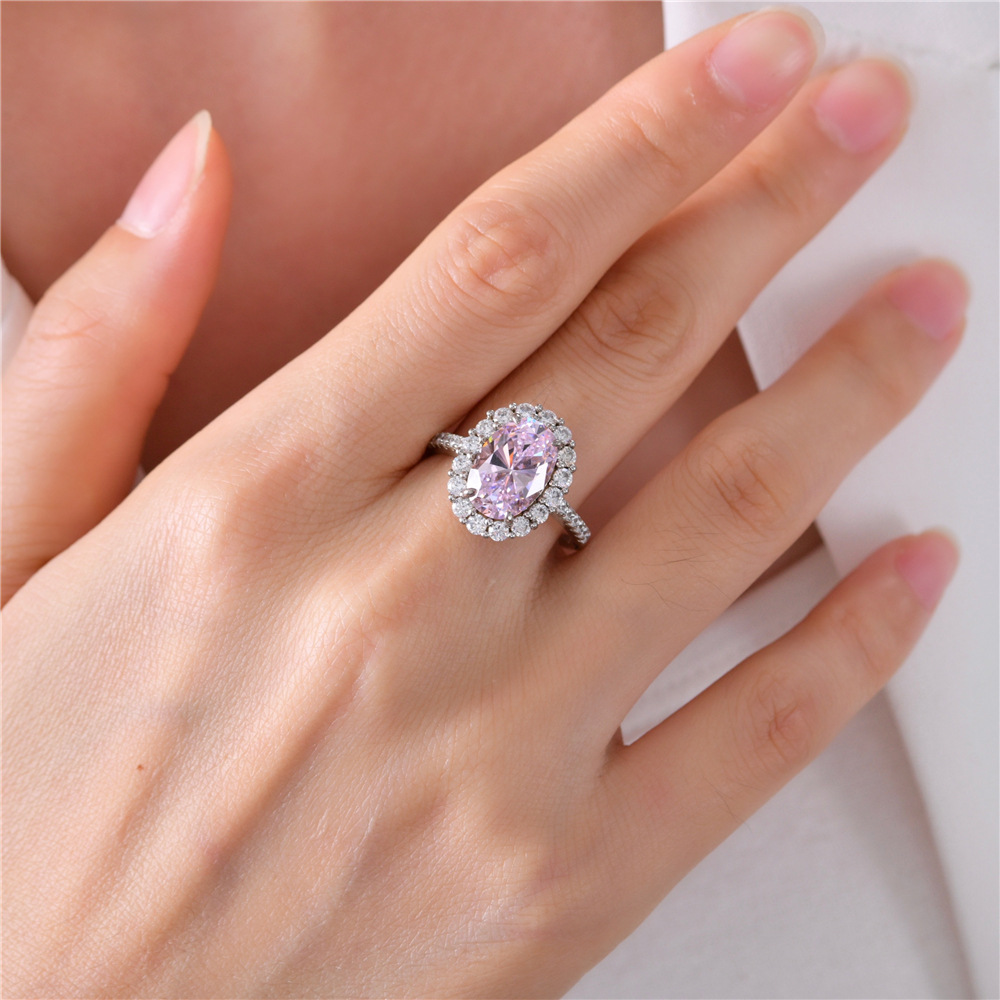 3Ct Oval Cut Pink Halo Pave Setting Gemstone Ring-Sterling Silver-lornajewelry