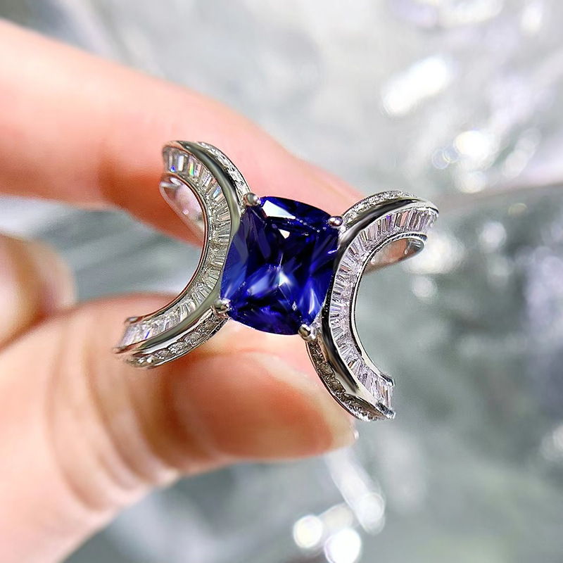 2Ct Blue Sapphire Cushion Cut Diamond Accent Unique Design Ring-Sterling Silver-lornajewelry