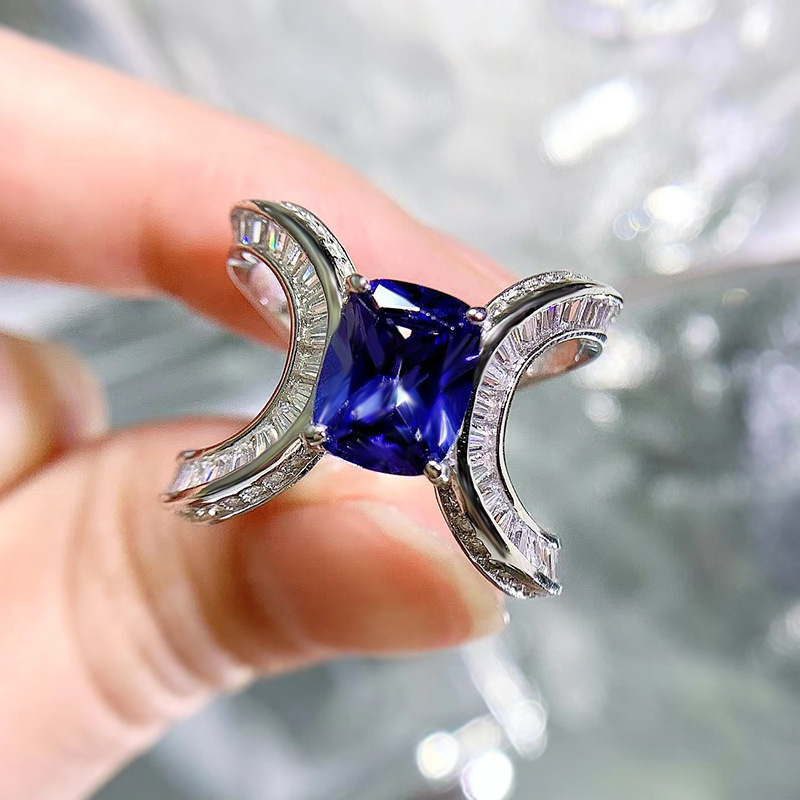 2Ct Blue Sapphire Cushion Cut Diamond Accent Unique Design Ring-Sterling Silver-lornajewelry